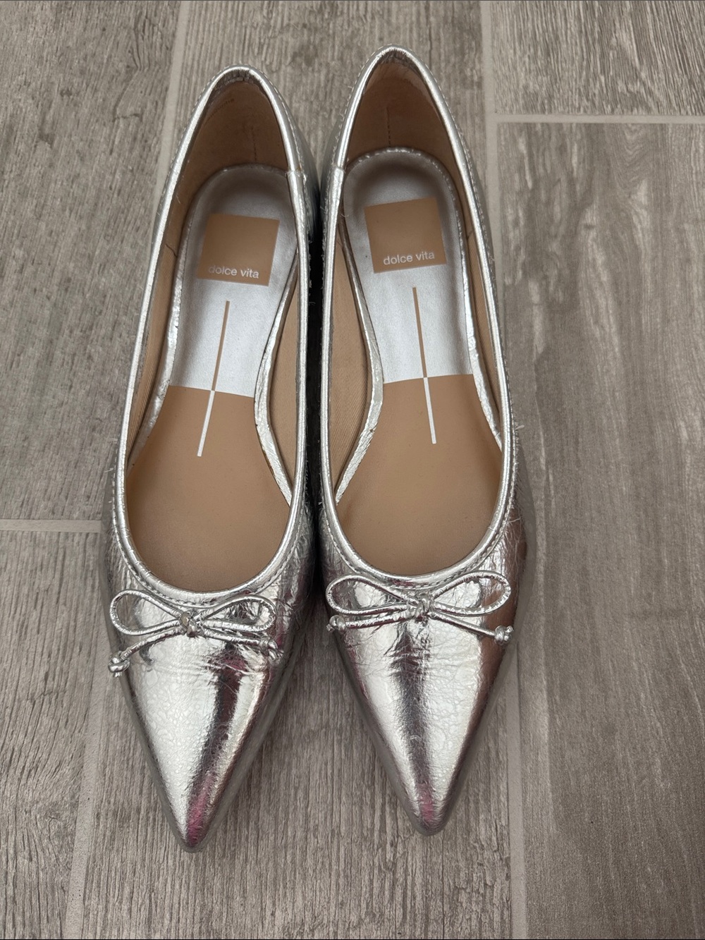 Dolce Vita Metallic Silver Pointed Ballet Flats with Bow